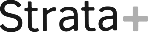 Logo featuring the text "Strata+" in modern typography with a sleek design and neutral colors.