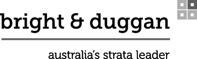 Logo featuring "bright & duggan" along with the tagline "australia's strata leader" in black text.