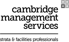 Black text logo features "cambridge management services" with "strata & facilities professionals" below.